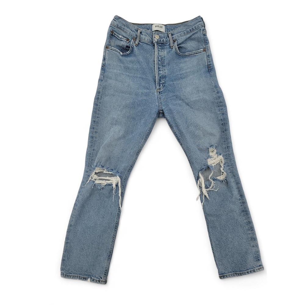 AGOLDE Women 27 Riley Jeans Denim Blue‎ Distressed High Rise Button Fly